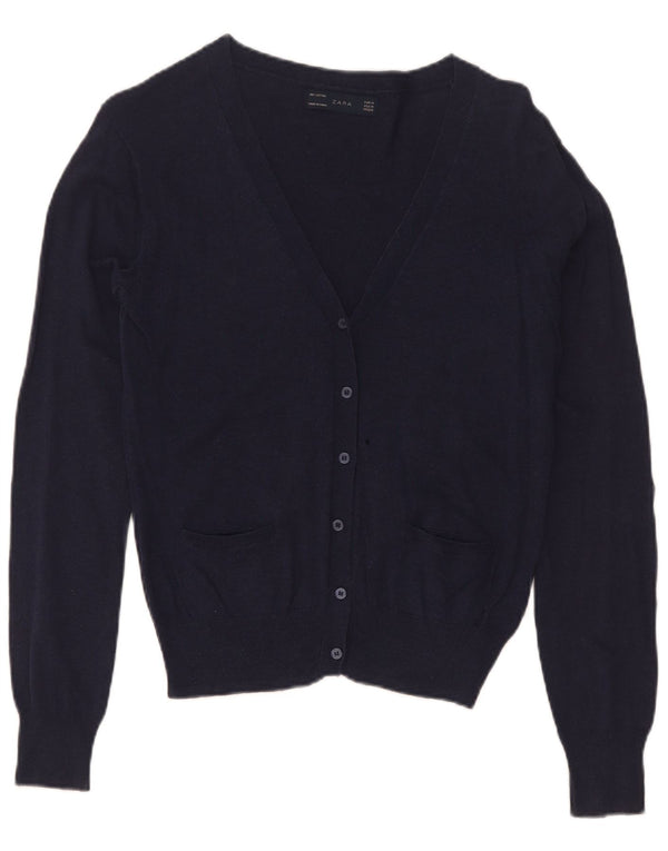 Zara Femme Cardigan Pull UK 12 Moyen Bleu Marine Coton
