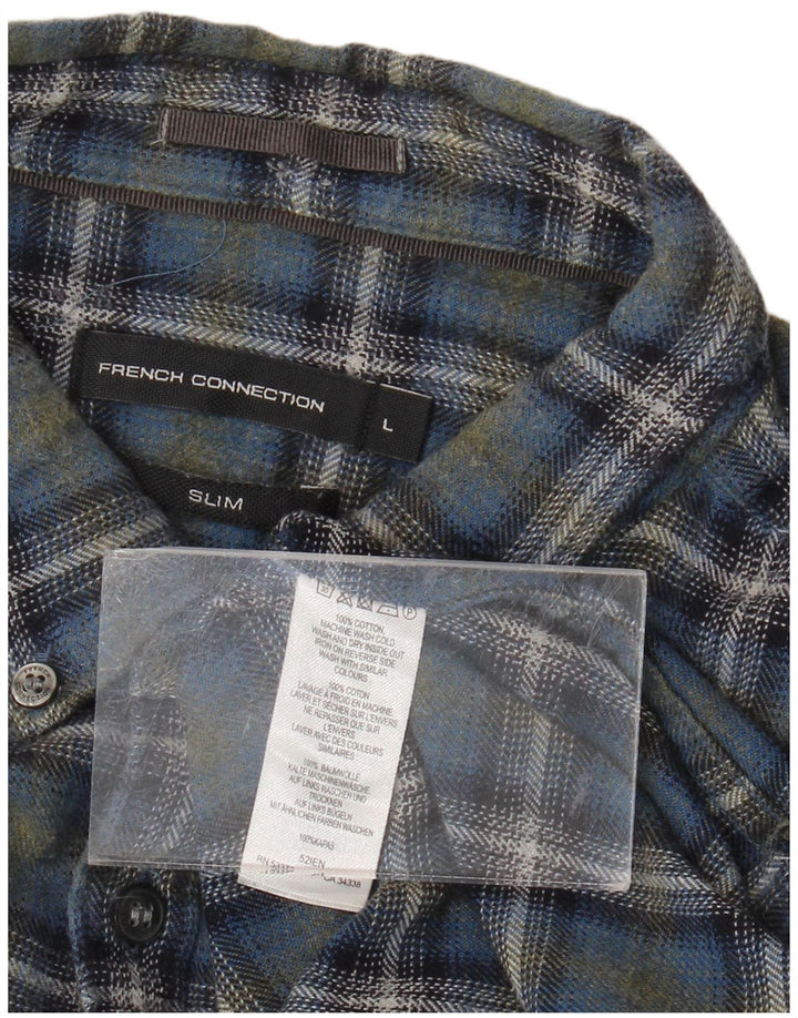 French Connection Chemise Slim en Flanelle Homme Bleu à Carreaux en Coton