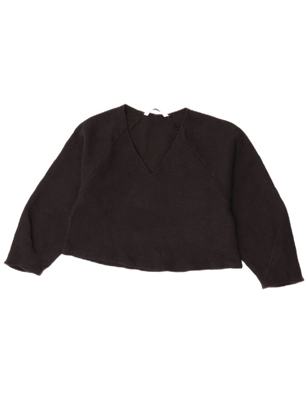 Zara Womens Crop 3/4 Sleeve Blouse Top UK 12 Laine Noir Moyen
