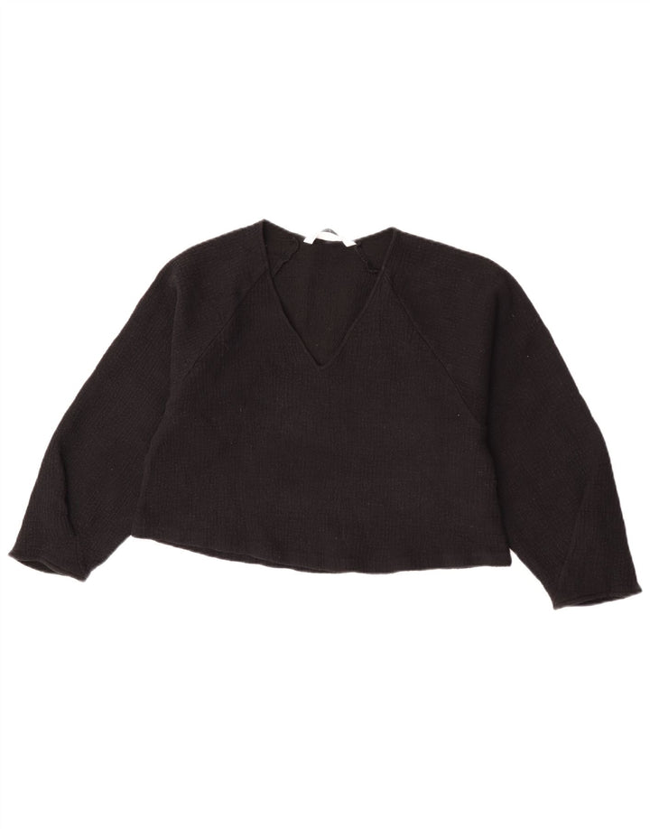 Zara Womens Crop 3/4 Sleeve Blouse Top UK 12 Laine Noir Moyen