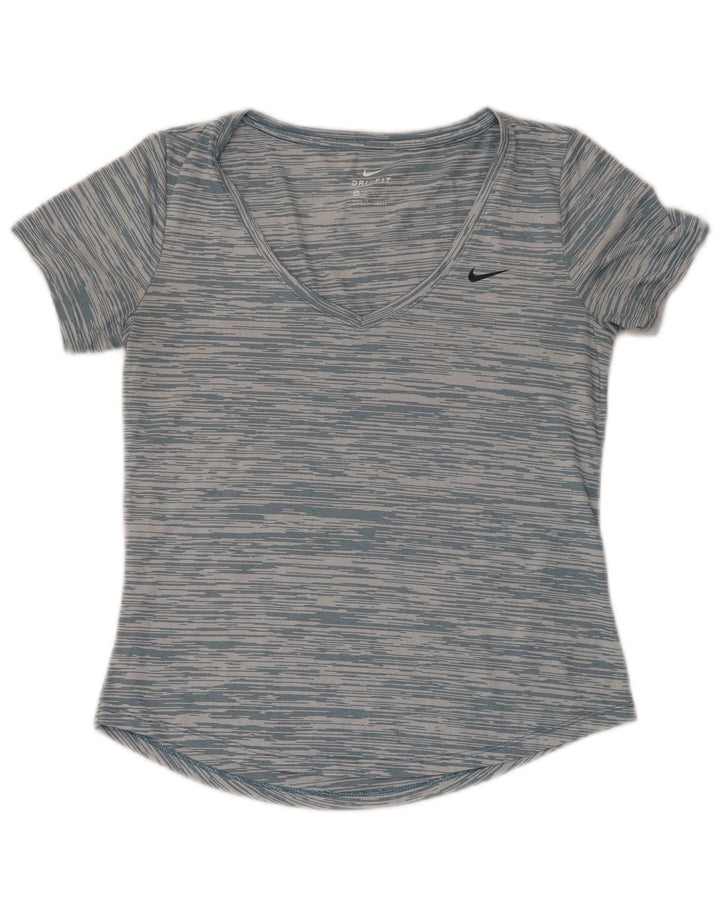 Nike Womens Dri Fit Loose Fit T-Shirt Top UK 6 XS Bleu Rayé Polyester