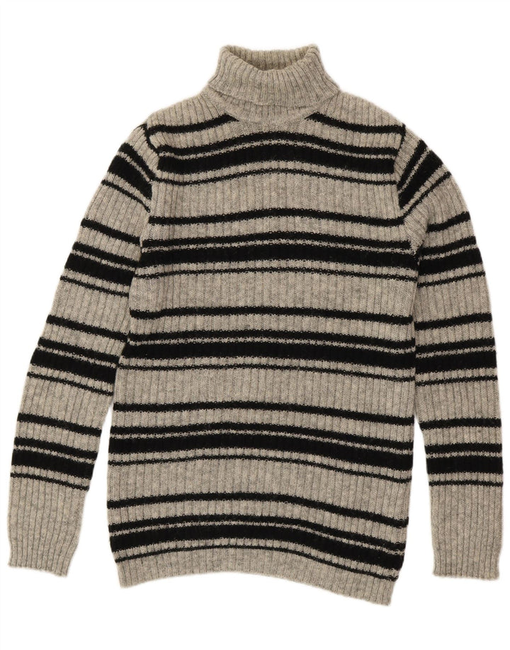 SHETLAND Pull col roulé pour femme UK 16 Grande laine rayée grise