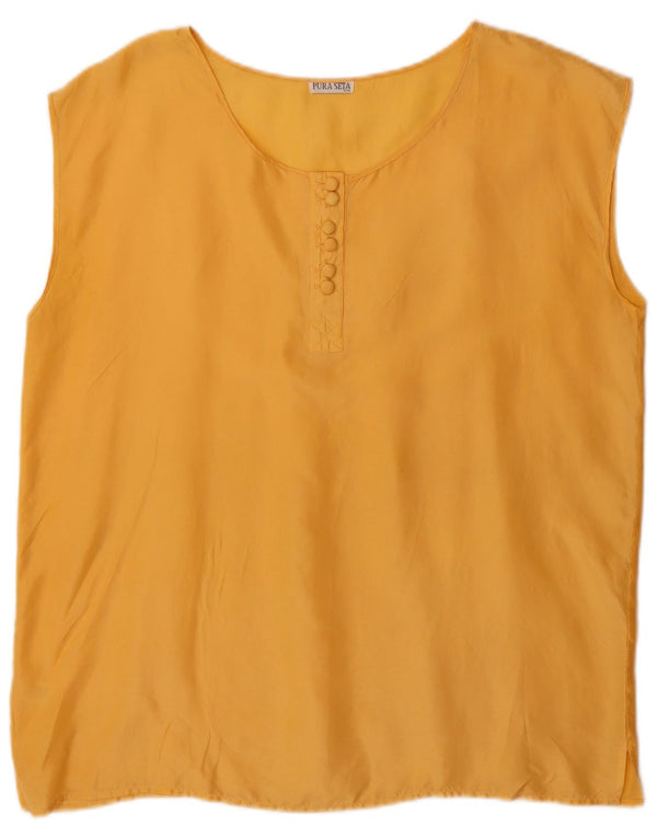vintage Femmes Blouse Sans Manches Top UK 20 2XL Soie Jaune