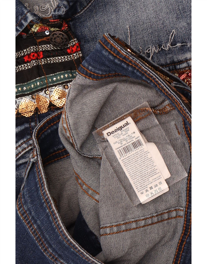 Desigual Veste en jean graphique pour femme EU 38 Bleu marine moyen en coton floral