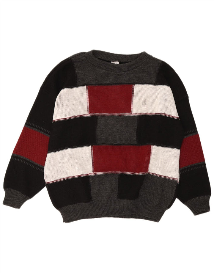 VINTAGE Homme Col Bateau Pull Pull Grand Noir Colorblock Acrylique