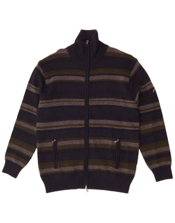 vintage Mens Cardigan Sweater 2XL Bleu Marine Rayé Laine Mérinos