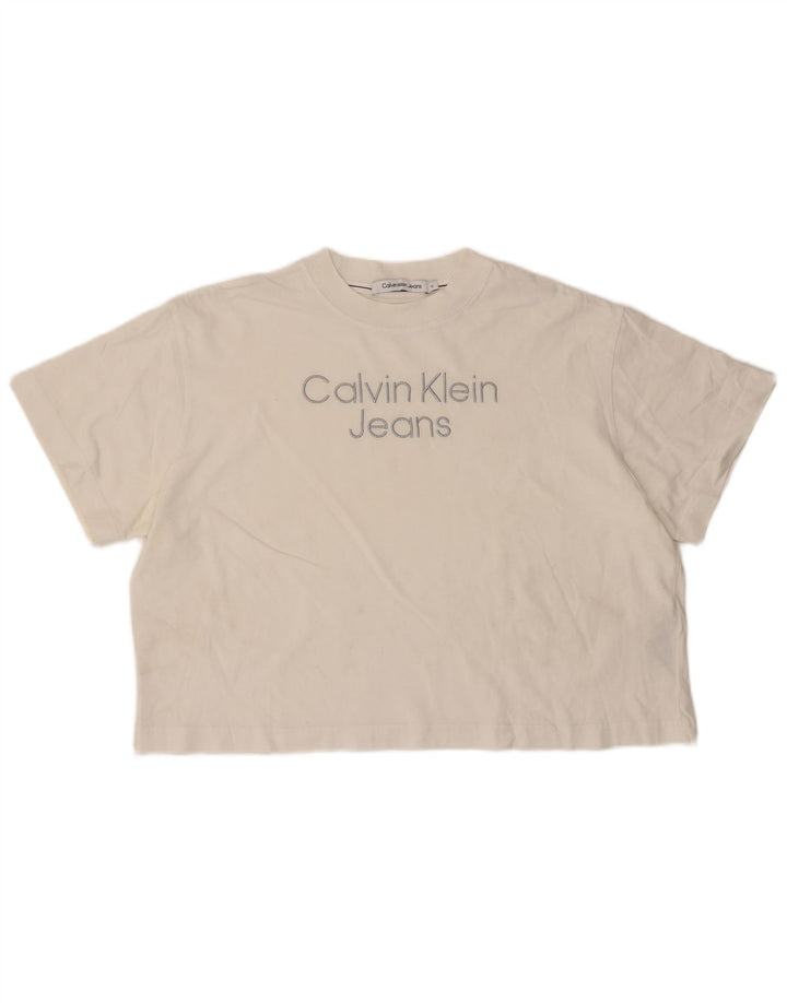 Calvin Klein Jeans T-shirt court graphique pour femme UK 14 Blanc moyen