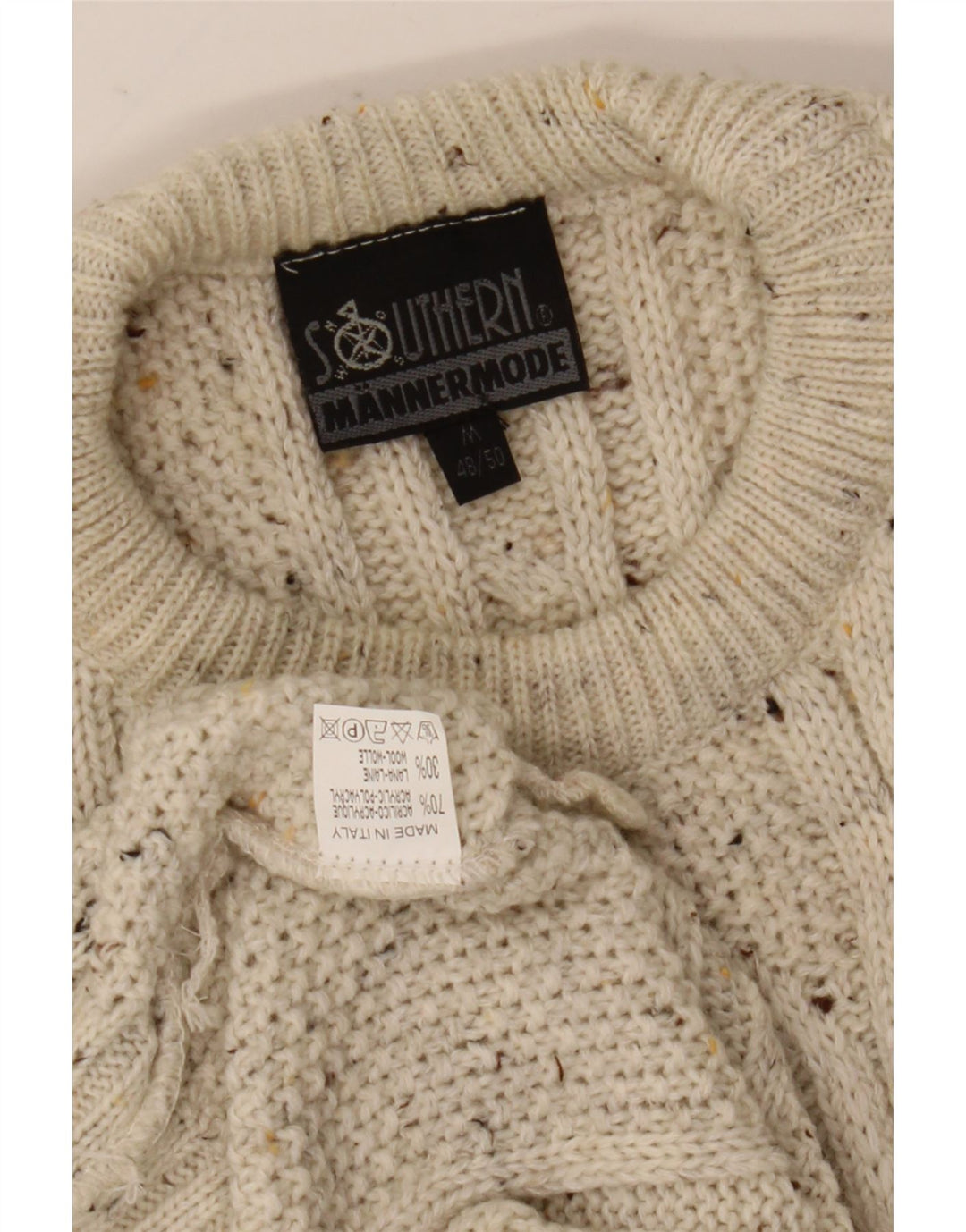 vintage Mens Loose Fit Crew Neck Jumper Pull Moyen Blanc Cassé Moucheté