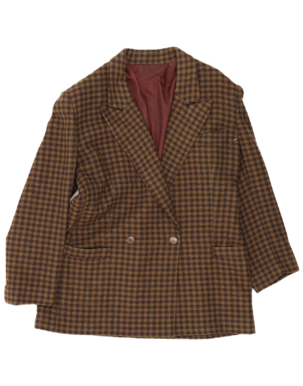 vintage Femme Double Breasted Blazer Veste UK 16 Grand Chèque Brun