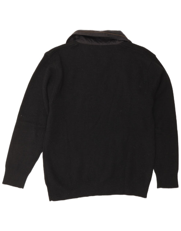 VINTAGE Mens Graphic Zip Neck Jumper Pull Grand Noir Acrylique Nautique