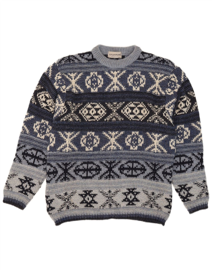 vintage Mens Crew Neck Jumper Pull IT 48 Bleu Moyen Fair Isle Laine