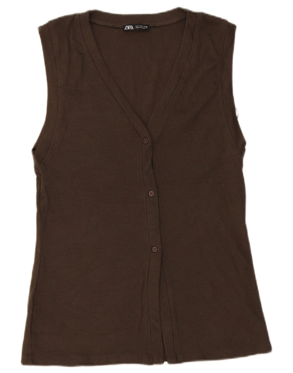 Zara Womens Sleeveless Cardigan Top UK 14 Large Khaki Cotton