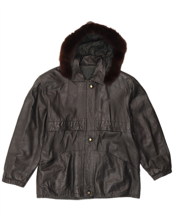 Veste en cuir à capuche femme vintage IT 46 Grand cuir noir