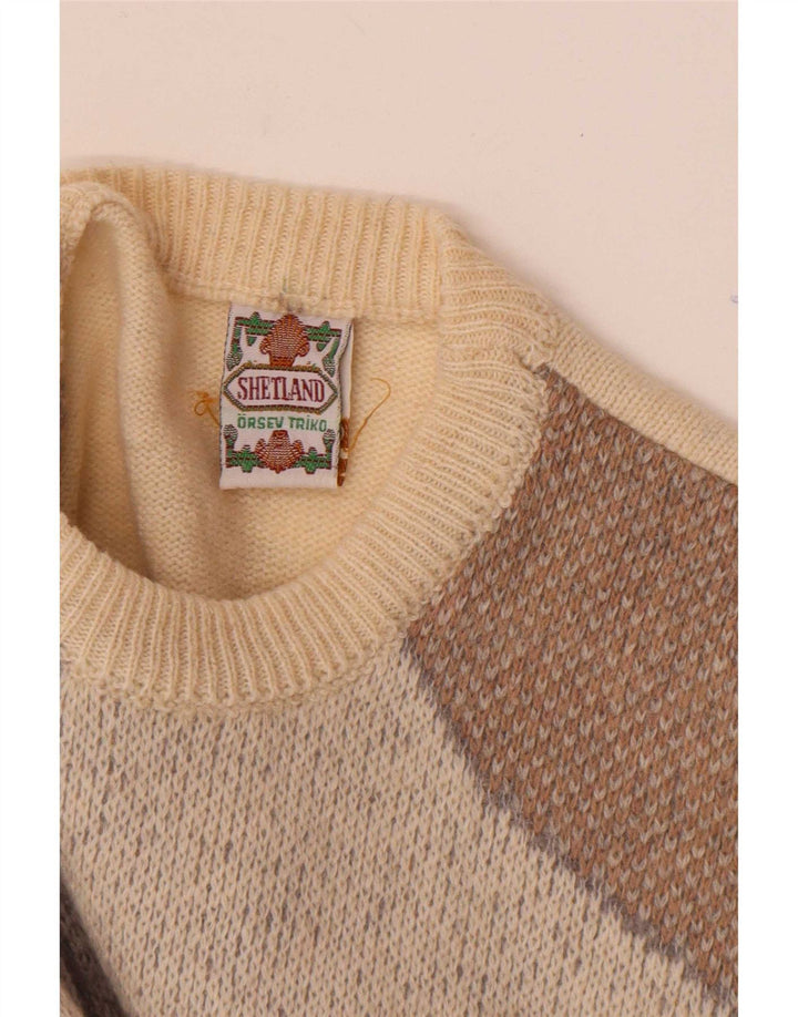 vintage Mens Crew Neck Jumper Pull Moyen Off White Géométrique Laine