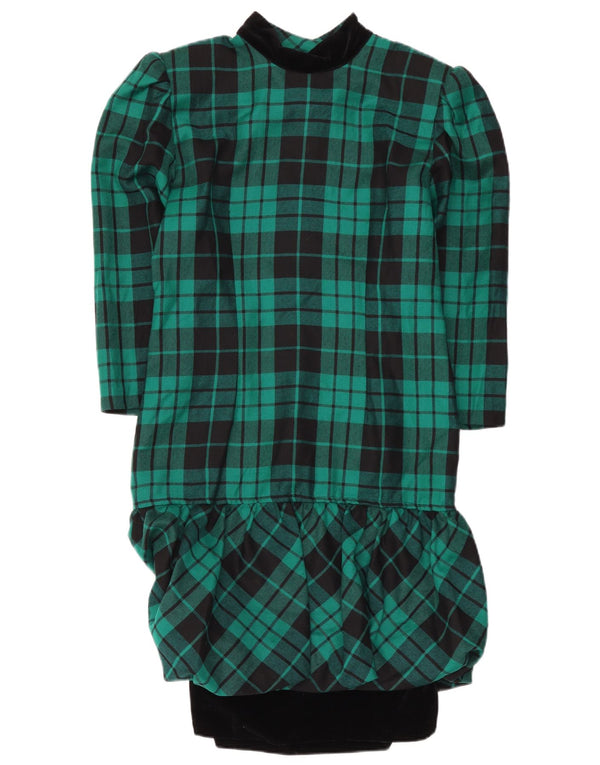 vintage Femme Manches Longues Peplum Robe UK 12 Moyen Vert Check Wool