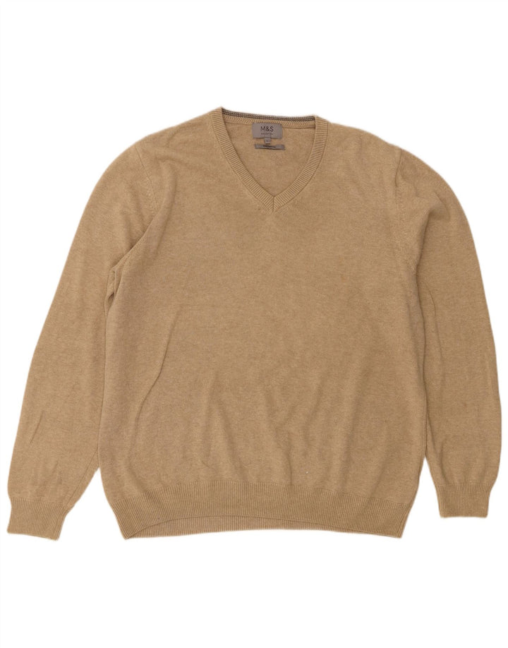 Marks & Spencer Pull col V pour homme en coton beige Large