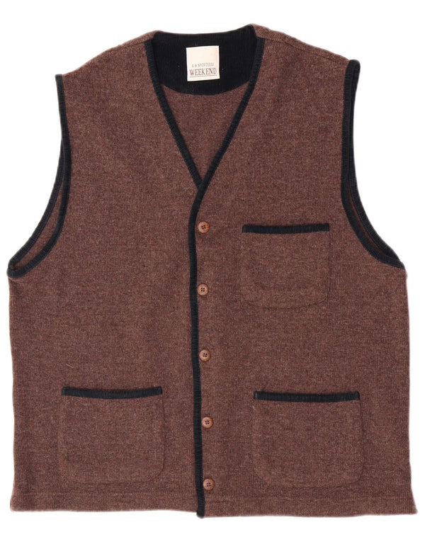 vintage Mens Weekend Sans Manches Cardigan Pull Grande Laine Brune