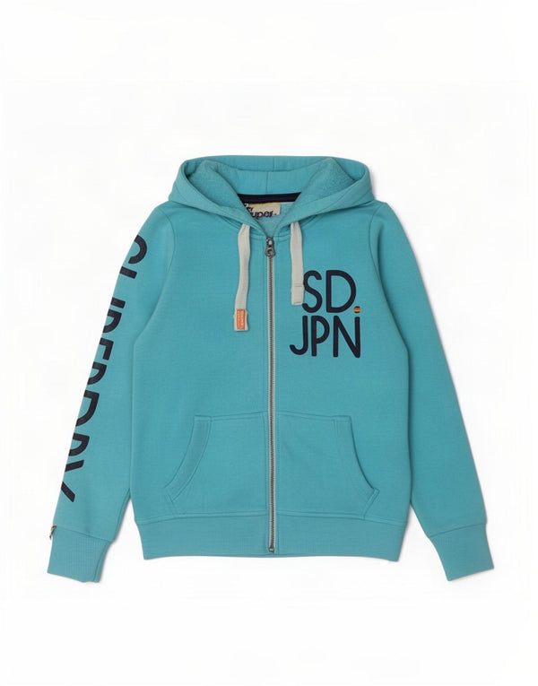 Superdry Pull à capuche zippé graphique pour femme UK 16 Large Bleu Coton
