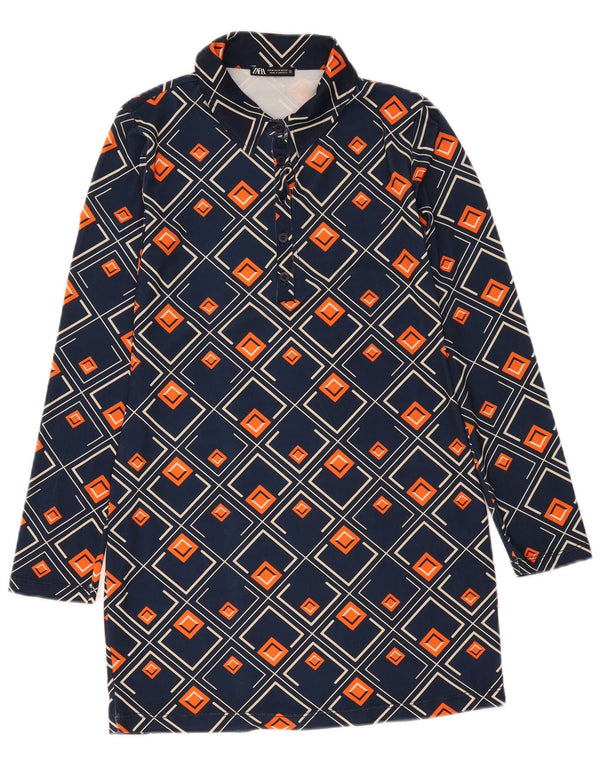 Zara Robe chemise pull pour femme UK 12 Bleu marine moyen géométrique