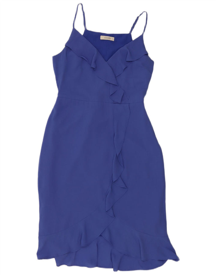 Oasis Robe fourreau sans manches à volants sur le devant pour femme Bleu moyen UK 12