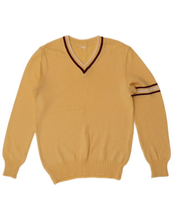 vintage Homme Col V Pull Pull XS Jaune Colourblock