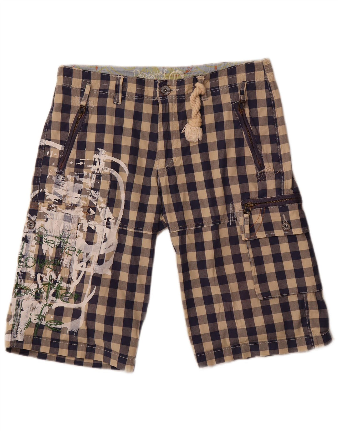 Desigual Short cargo graphique pour femme EU 42 Large W34 Bleu marine Vichy