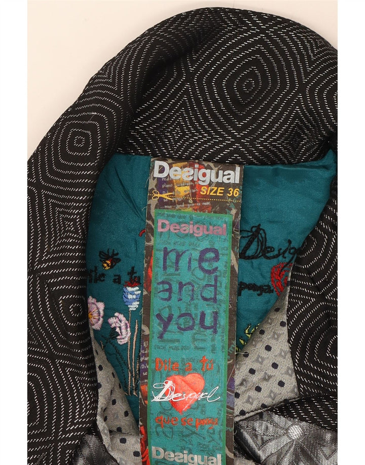 DESIGUAL Womens Graphic Overcoat EU 36 Small Grey Patchwork Polyester Vintage Desigual and Second-Hand Desigual from Messina Hembry 