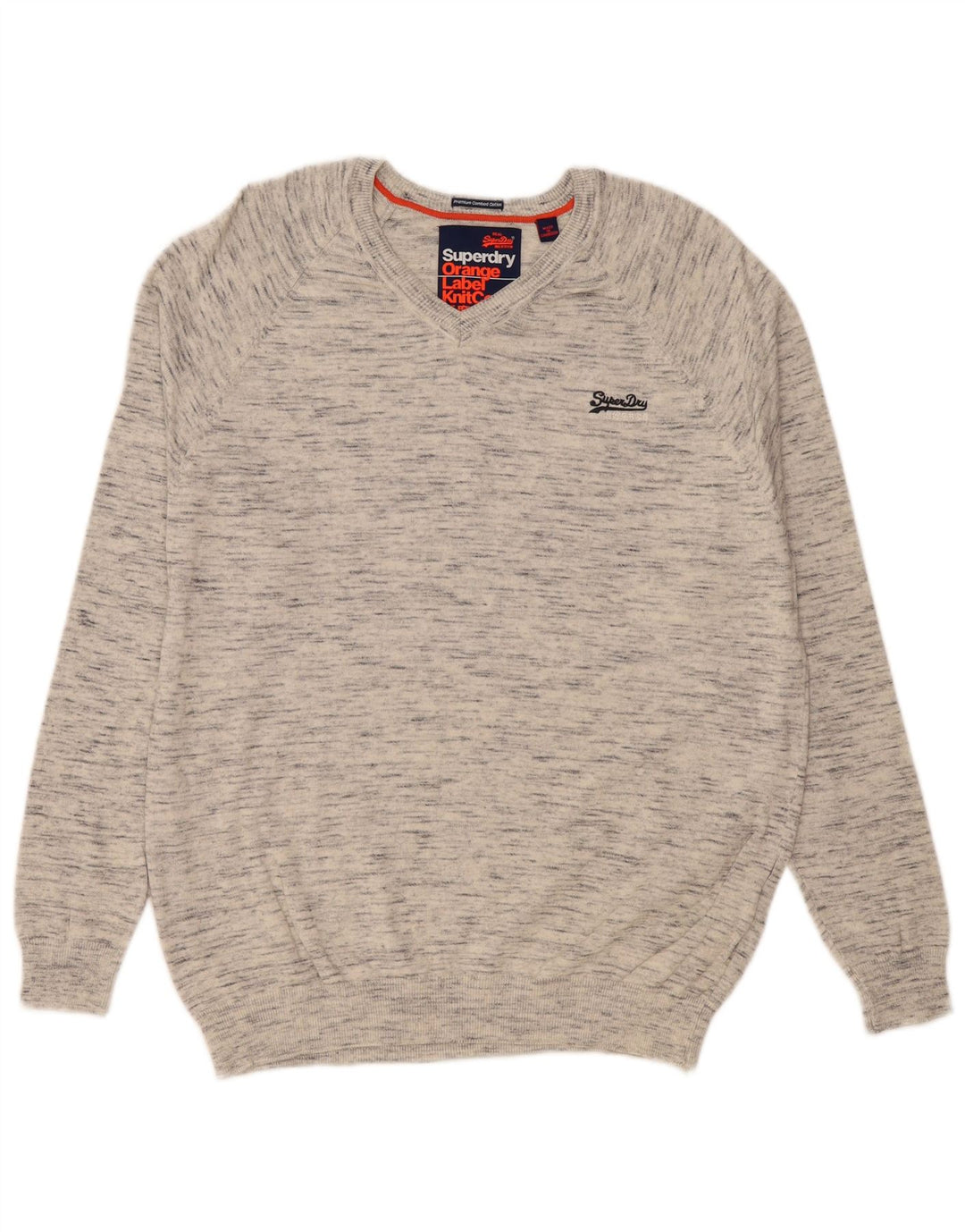 SUPERDRY Pull col V Femme UK 18 XL Coton Chiné Gris