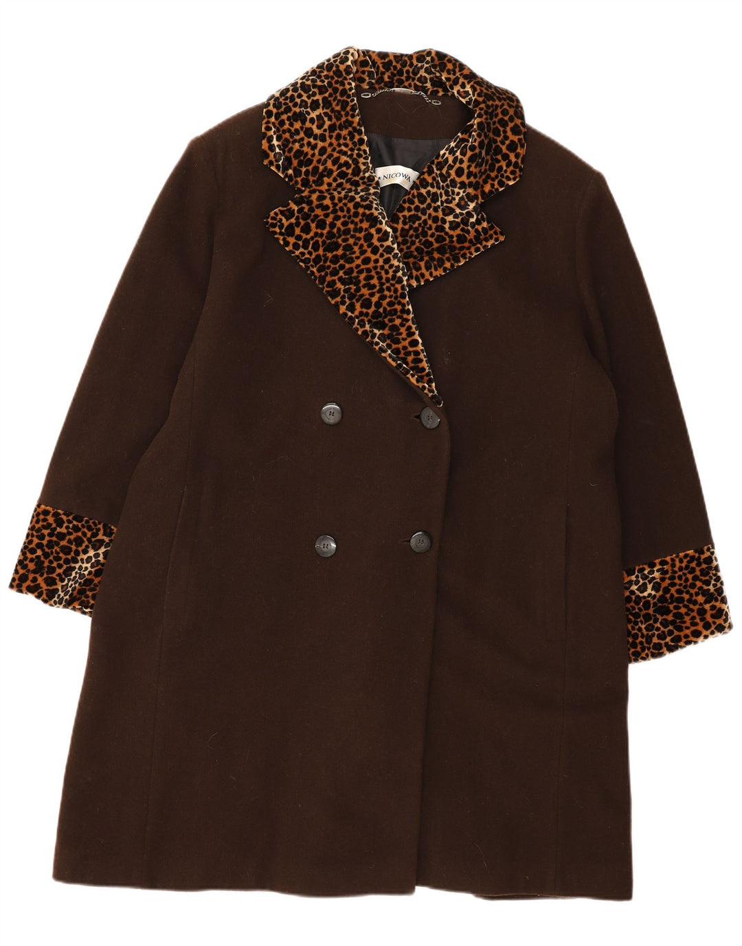 NICOWA Womens Double Breasted Coat UK 18 XL Brown Animal Print Cashmere
