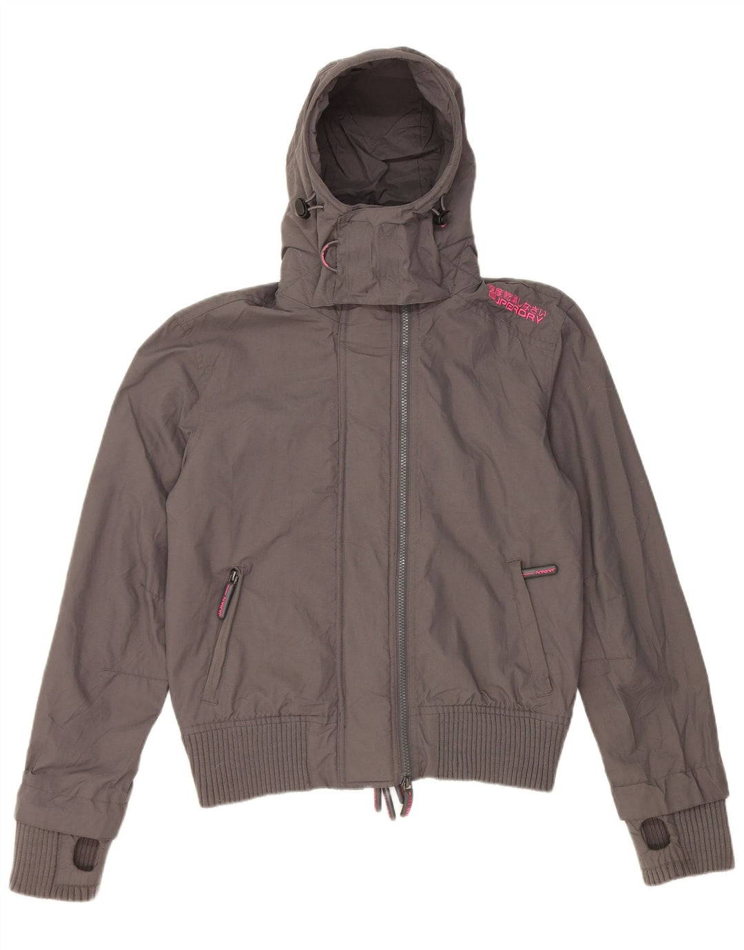 Superdry Veste de pluie à capuche pour femme UK 16 Large Gris Nylon