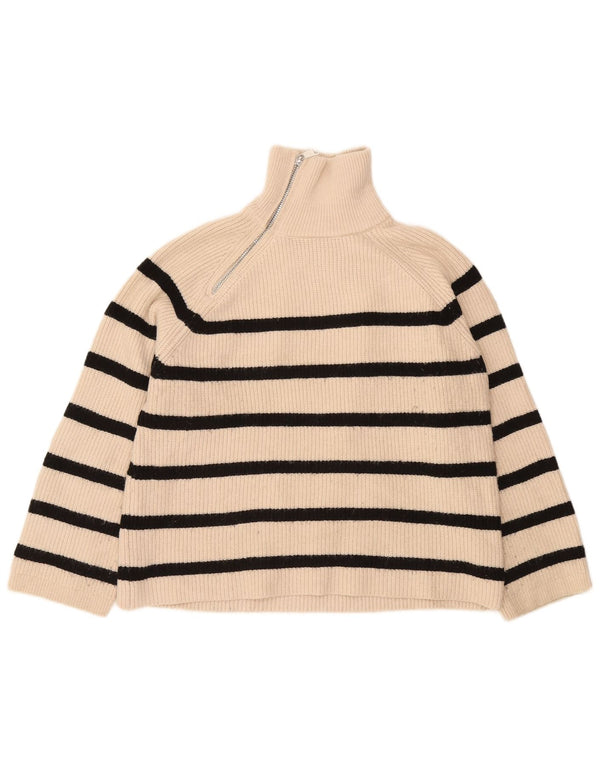Zara Pull col zippé pour femme UK 14 Acrylique rayé beige moyen