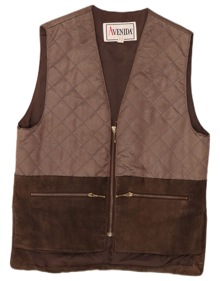 VINTAGE Gilet matelassé en daim pour femme UK 14 Grand cuir colorblock marron
