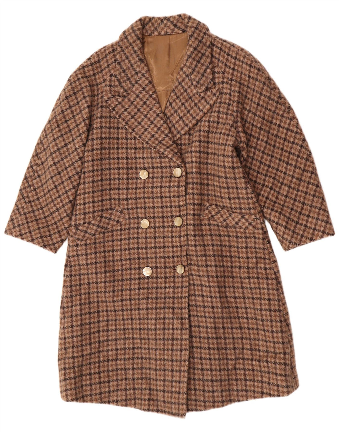 vintage Femmes Double Breasted Coat UK 12 Pied-de-poule Brun Moyen