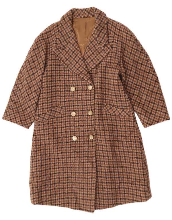 vintage Femmes Double Breasted Coat UK 12 Pied-de-poule Brun Moyen