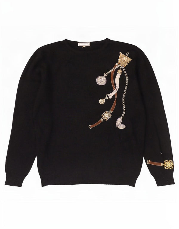 vintage Femmes Graphique Bateau Cou Jumper Pull UK 18 XL Noir Angora