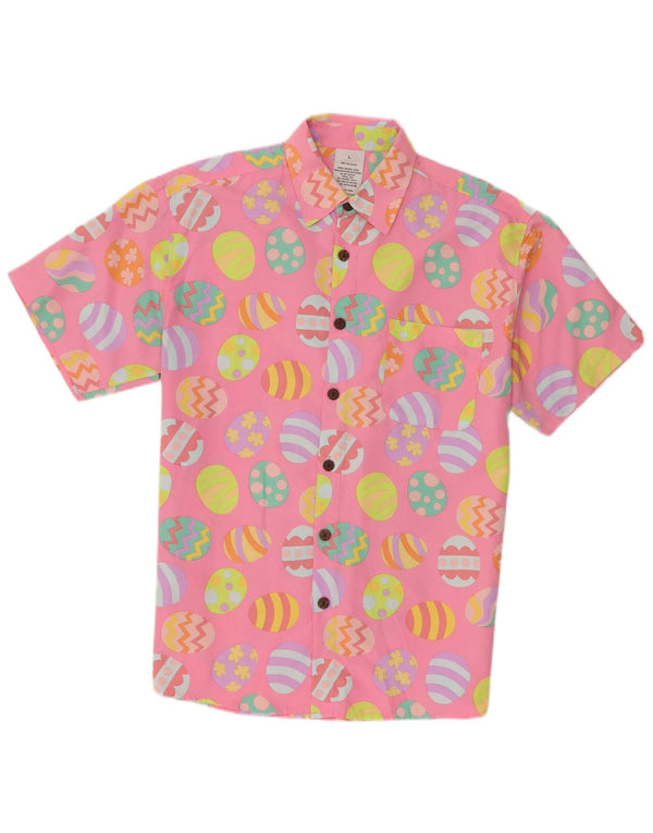 Vintage Hommes Pâques Motif Abstrait Chemise À Manches Courtes Grand Rose