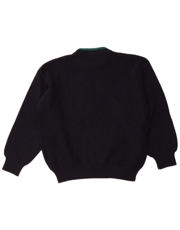 VINTAGE Homme Col Bateau Pull XL Bleu Marine Colorblock Laine