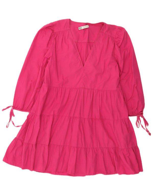 Zara Robe à volants à manches 3/4 pour femme UK 12 en coton rose moyen