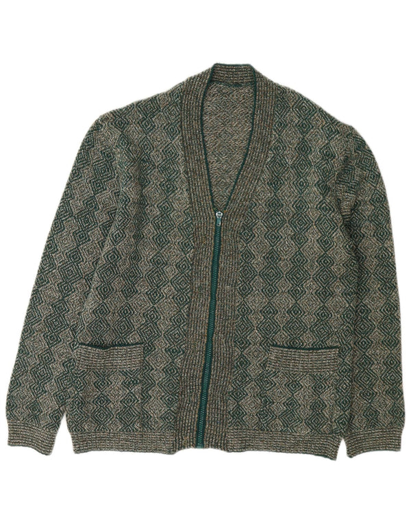 vintage Womens Full Zip Cardigan Sweater UK 16 Grand Vert Géométrique
