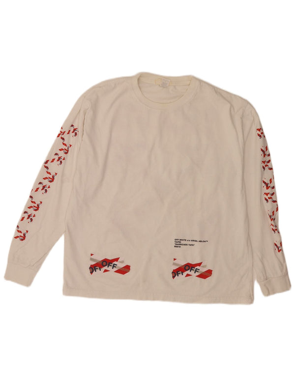 vintage Mens Graphic Top Manches Longues Grand Coton Blanc Cassé