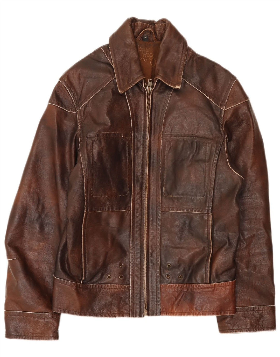 veste en cuir homme vintage UK 38 Patchwork brun moyen