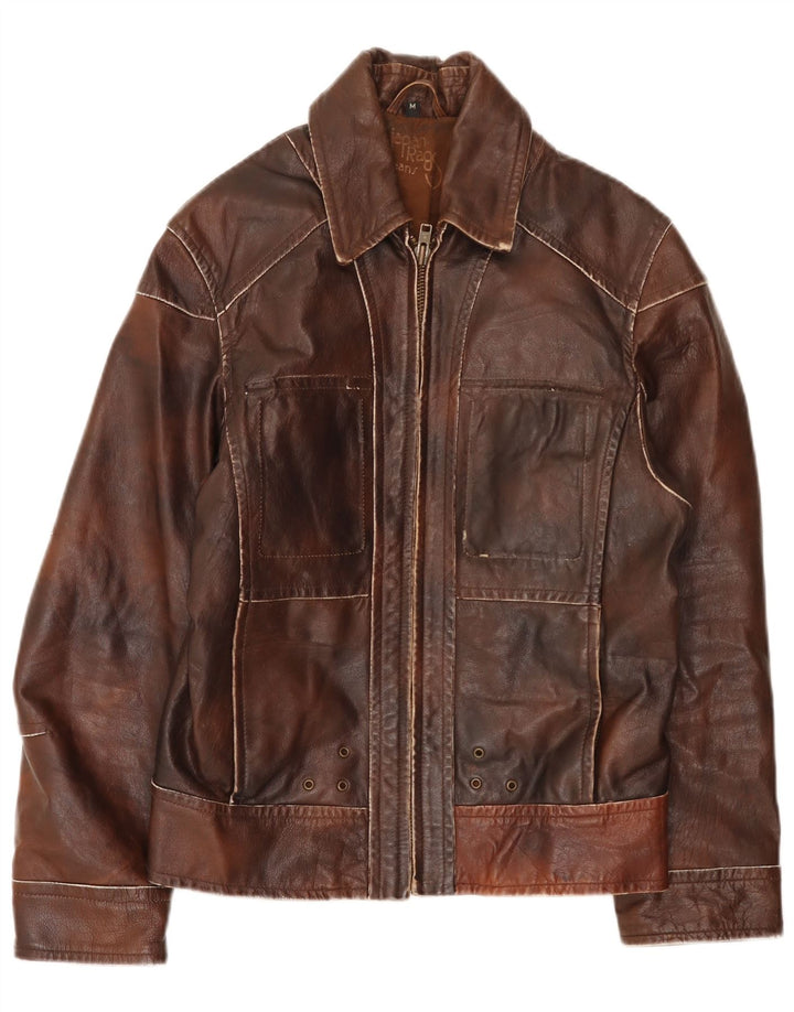 veste en cuir homme vintage UK 38 Patchwork brun moyen