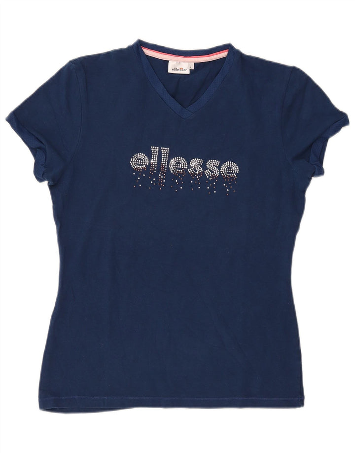ELLESSE T-Shirt Graphique Femme UK 14 Large Bleu Marine Coton