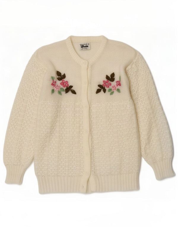 Vintage Cardigan surdimensionné pour femme UK 2 2XS Acrylique floral blanc