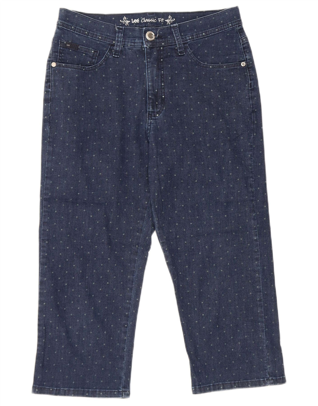 LEE Jean Capri coupe classique pour femme US 6 Medium W28 L19 Bleu marine à pois