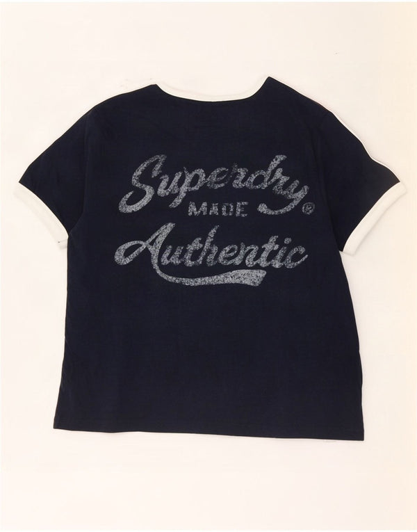 Superdry Femme Crop Graphic T-Shirt Top UK 8 Small Bleu Marine Colorblock