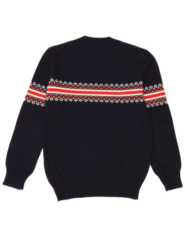 vintage Mens Crew Neck Jumper Pull Petit Bleu Marine Fair Isle