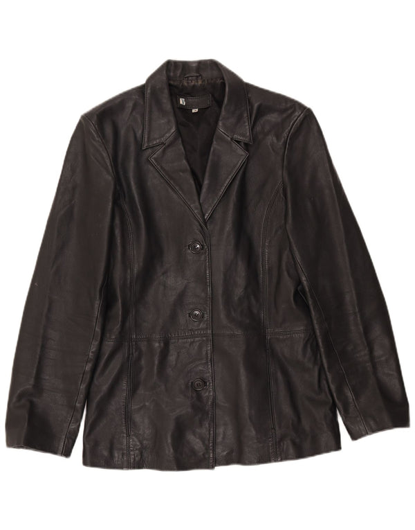 vintage Femme 3 Boutons Veste Blazer En Cuir UK 14 Grand Cuir Noir