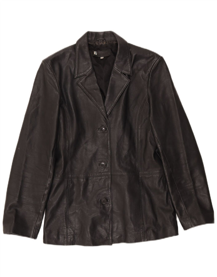 vintage Femme 3 Boutons Veste Blazer En Cuir UK 14 Grand Cuir Noir
