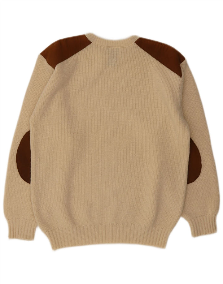 vintage Mens Crew Neck Jumper Pull Moyen Beige Colourblock Laine